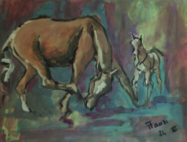 Painting titled "La jument et son po…" by Thierry Faure, Original Artwork, Gouache