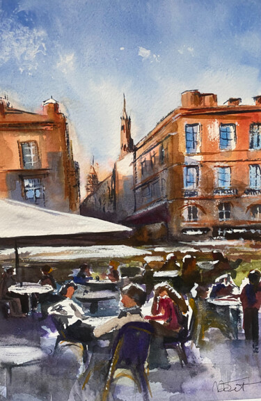Painting titled "La pause du matin" by Madit, Original Artwork, Watercolor