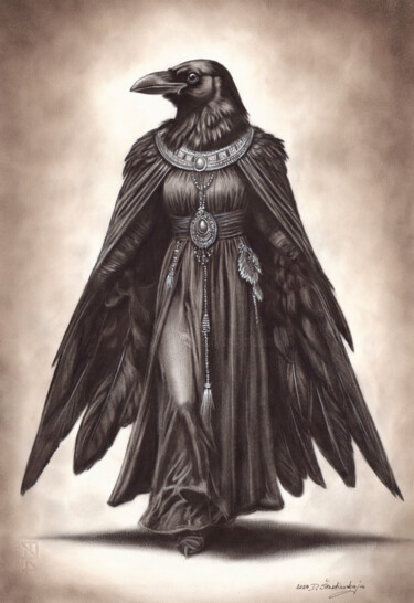 Elegance of The Crow Goddess Painting titled "Elegance of The Cro…" by Danguole Serstinskaja, Original Artwork, Oil