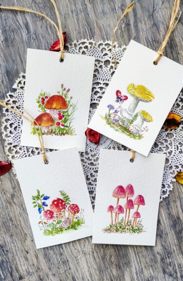 _Mushrooms nature themed watercolor gift tags 图画 标题为“_Mushrooms nature t…” 由Fineartderya, 原创艺术品, 水彩