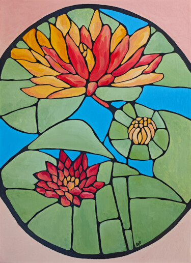 Painting titled "The Lotus Family: T…" by Olga Logvina, Original Artwork, Oil Mounted on Wood Stretcher frame