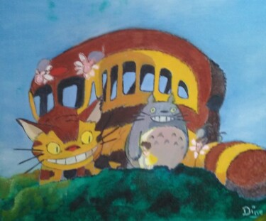 Peinture intitulée "Totoro et son bus" par Nadine Bichon, Œuvre d'art originale, Huile