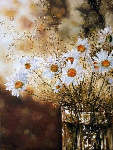 绘画 标题为“Daisies in a vase” 由Iryna Lubera, 原创艺术品, 油 安装在木质担架架上