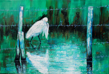 绘画 标题为“Aigrette en Camargu…” 由Lionel Le Jeune, 原创艺术品, 油 安装在木质担架架上