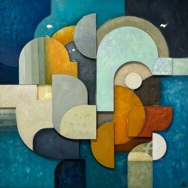 绘画 标题为“Blue Composition in…” 由Louise Isackson, 原创艺术品, 油 安装在纸板上
