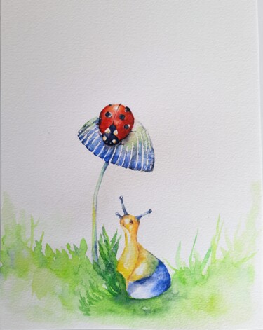 绘画 标题为“Cute snail and blue…” 由Fineartderya, 原创艺术品, 水彩