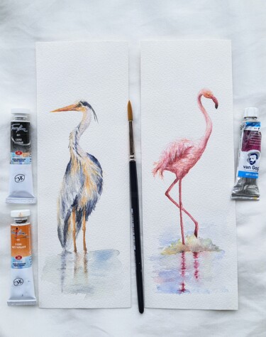 Watercolor Heron and Flamingo 图画 标题为“Watercolor Heron an…” 由Fineartderya, 原创艺术品, 水彩