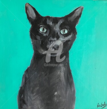 Painting titled "Black Cat (uniqueme…" by Stephanie Rebato, Original Artwork, Acrylic Mounted on Wood Stretcher frame