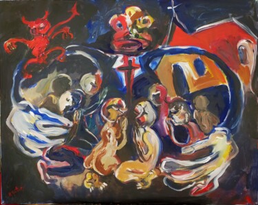绘画 标题为“Groupe de prières” 由Régine Gauthey, 原创艺术品, 丙烯 安装在木质担架架上
