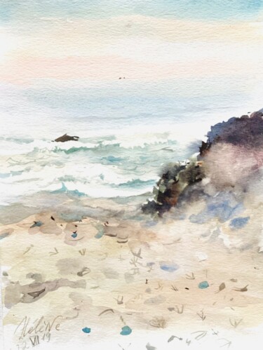Painting titled "The pink sea in the…" by Helene Manoli, Original Artwork, Watercolor
