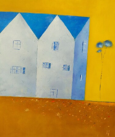 Картина под названием "A House With A Blue…" - Kestutis Jauniskis, Подлинное произведение искусства, Масло