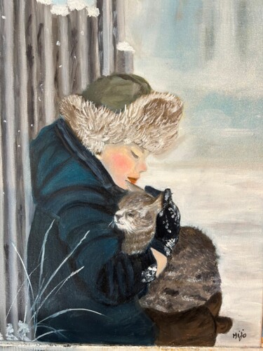 Painting titled "L'enfant au Chat" by Mijo Andreani, Original Artwork, Oil Mounted on Wood Stretcher frame