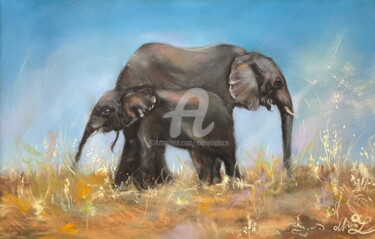 DUO ELEPHANT Painting titled "DUO ELEPHANT" by Marie Laplace, Original Artwork, Pastel Mounted on Cardboard
