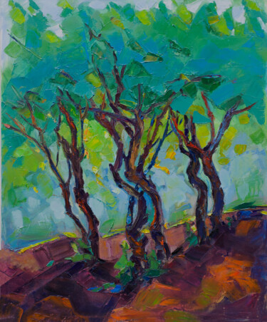 Painting titled "Cornell trees" by Arus Pashikyan, Original Artwork, Oil Mounted on Wood Stretcher frame