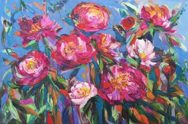 Pittura intitolato "Pink Peonies on blu…" da Irina Privedentseva, Opera d'arte originale, Olio