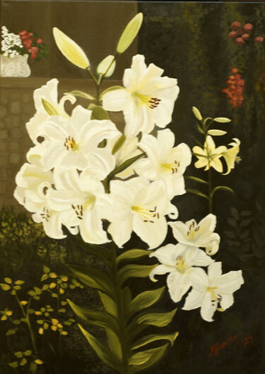 Painting titled "Lilies" by Tudor Gafton, Original Artwork, Oil Mounted on Wood Stretcher frame