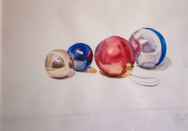 Peinture intitulée "Des boules sur la t…" par Alexandra Uryasova, Œuvre d'art originale, Aquarelle Monté sur Châssis en bois
