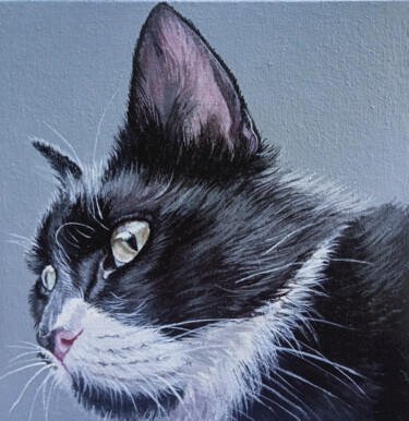 Portrait of a black cat. Portrait by photo. Portrait for mem Peinture intitulée "Portrait of a black…" par Antonina Pavlic, Œuvre d'art originale, Acrylique