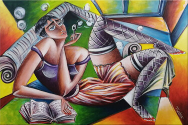 Painting titled "Woman Chillout #M282" by Thomas Lange, Original Artwork, Oil Mounted on Wood Stretcher frame