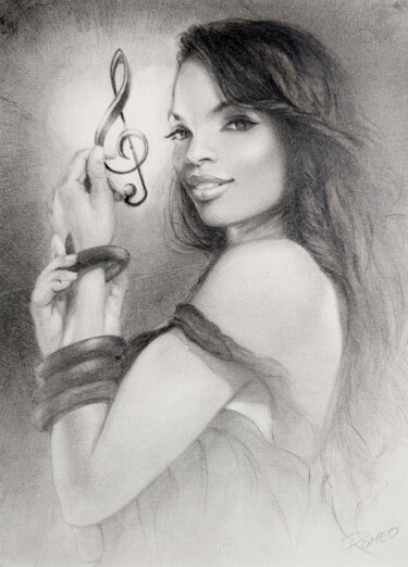 Tekening getiteld "Cylia" door Dominique Romeo, Origineel Kunstwerk, Potlood Gemonteerd op Houten paneel