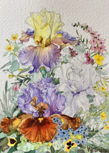 Peinture intitulée "Trois iris" par Victoria, Œuvre d'art originale, Aquarelle