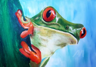 绘画 标题为“Curious Tree Frog.…” 由Anastasia Tversky, 原创艺术品, 油 安装在木质担架架上