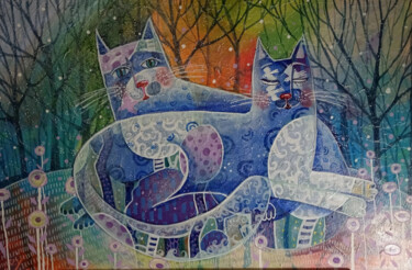 Peinture intitulée "Forest cats" par Ulia Potasova Vostrikova, Œuvre d'art originale, Acrylique Monté sur Châssis en bois