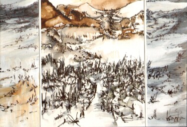 Σχέδιο με τίτλο "Paysage (triptyque)" από Dominique Leblanc, Αυθεντικά έργα τέχνης, Μελάνι