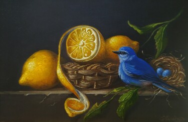 Painting titled "Натюрморт с голубой…" by Elena Lyutcher, Original Artwork, Oil
