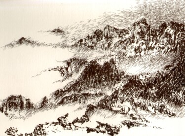 Dessin intitulée "Montagnes, brumes" par Dominique Leblanc, Œuvre d'art originale, Encre