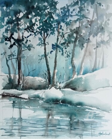 Painting titled "Symphonie bleue" by Marie-Charlotte Houpeurt-Chauffeté, Original Artwork, Watercolor