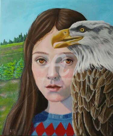 绘画 标题为“Fille avec Aigle” 由Elke Thiébaut, 原创艺术品, 油 安装在木质担架架上
