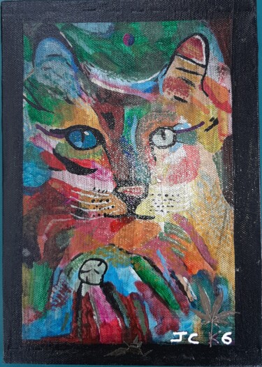 Schilderij getiteld "le chat" door José Cavillon, Origineel Kunstwerk, Acryl Gemonteerd op Andere stijve panelen