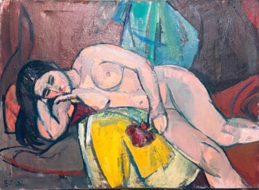 绘画 标题为“Nude With A Peony” 由Elena Garshina, 原创艺术品, 油 安装在木质担架架上