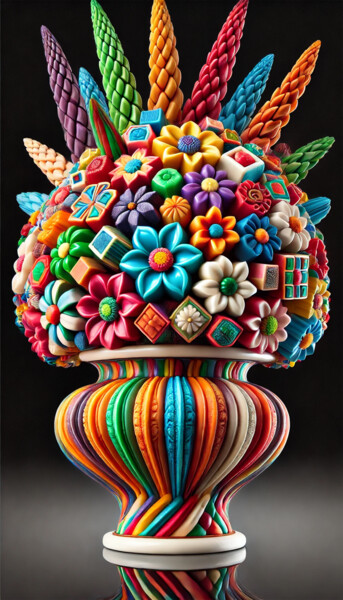Multicolored Vase with Dynamic Floral and Geometric Design 数字艺术 标题为“Multicolored Vase w…” 由Alberto Capitani, 原创艺术品, AI生成的图像