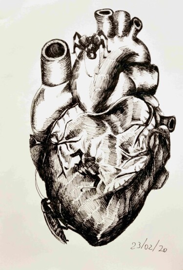 Disegno intitolato "Cuore con scarafaggi" da Mariaceleste Arena, Opera d'arte originale, Inchiostro
