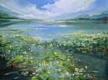 绘画 标题为“Lake with water lil…” 由Irina Laube, 原创艺术品, 丙烯 安装在木质担架架上