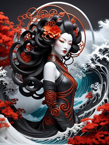 数字艺术 标题为“Geisha And The Sea…” 由Daniel Arrhakis, 原创艺术品, AI生成的图像