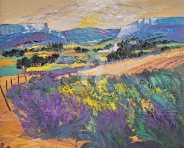 Painting titled "Lavande bleues en P…" by Milorv, Original Artwork, Oil Mounted on Wood Stretcher frame