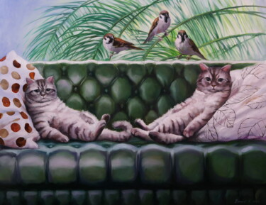 Painting titled ""Relax"" by Elena I Gennady Vylusk (Goshiki), Original Artwork, Oil Mounted on Wood Stretcher frame