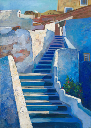 Stairs.Santorini Pintura titulada "Stairs.Santorini" por Irina Kazarnovskaia, Obra de arte original, Oleo Montado en Bastidor de camilla de m…