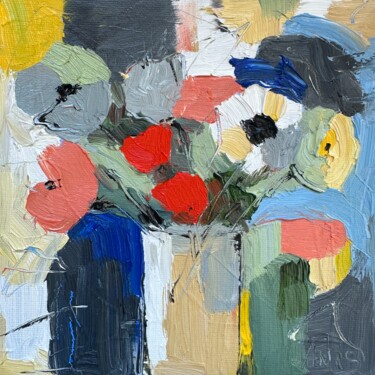 Painting titled "Soft Grey Floral Ab…" by Irina Anis, Original Artwork, Oil Mounted on Wood Stretcher frame