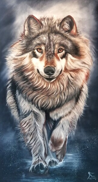Peinture intitulée "Canis Lupus" par Sandrine Engle, Œuvre d'art originale, Huile Monté sur Panneau de bois