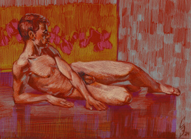 Young man against the background of a carpet Dessin intitulée "Young man against t…" par Sergey Sovkov, Œuvre d'art originale, Conté
