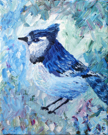 Schilderij getiteld "LL Blue Jay" door Dan Moranville, Origineel Kunstwerk, Acryl Gemonteerd op Frame voor houten brancard