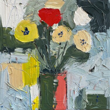 Painting titled "Soft Grey Floral Ab…" by Irina Anis, Original Artwork, Oil Mounted on Wood Stretcher frame