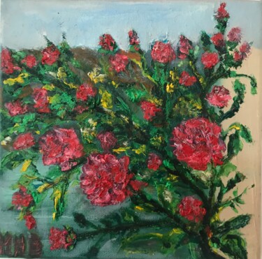 Painting titled "Branche de rosiers" by Maria Helena De  Macedo  Benier, Original Artwork, Oil Mounted on artwork_cat.