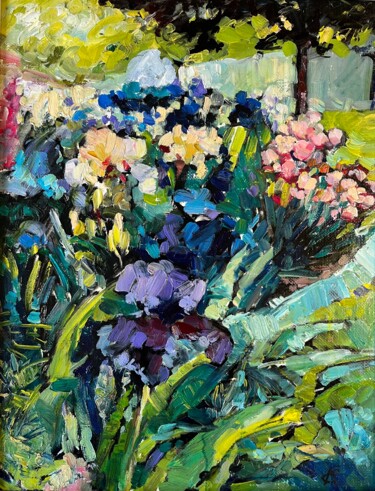 Painting titled "« In the garden»" by Elena Gordievskaa, Original Artwork, Oil Mounted on Wood Stretcher frame