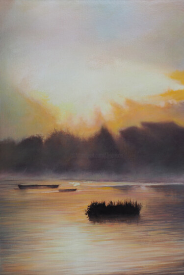 Peinture intitulée "Barques sur l'étang." par B. Alexis, Œuvre d'art originale, Huile