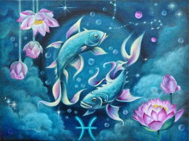 Peinture intitulée "zodiac sign fish" par Tanya Shark, Œuvre d'art originale, Huile